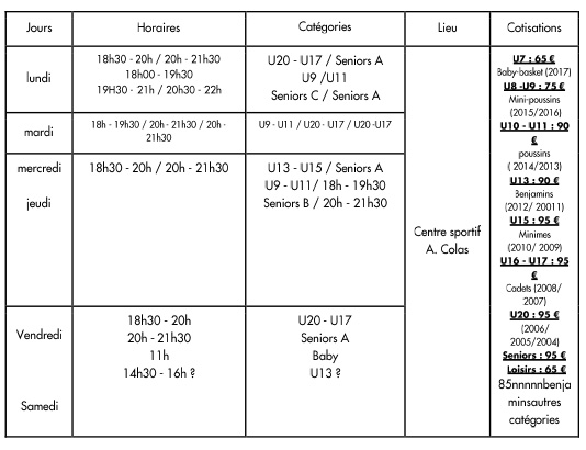 Horaires basket 2025